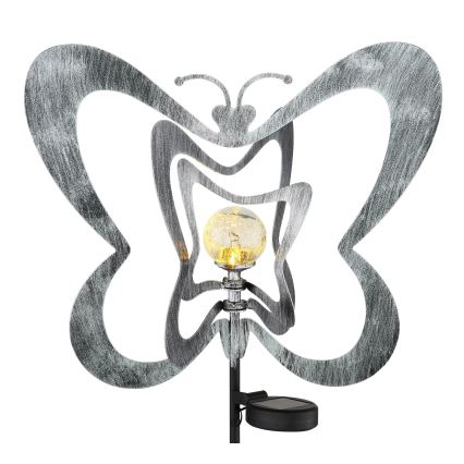 Globo - LED-aurinkovalaisin LED/3V IP44 300 mAh hopeanvärinen perhosenmuotoinen