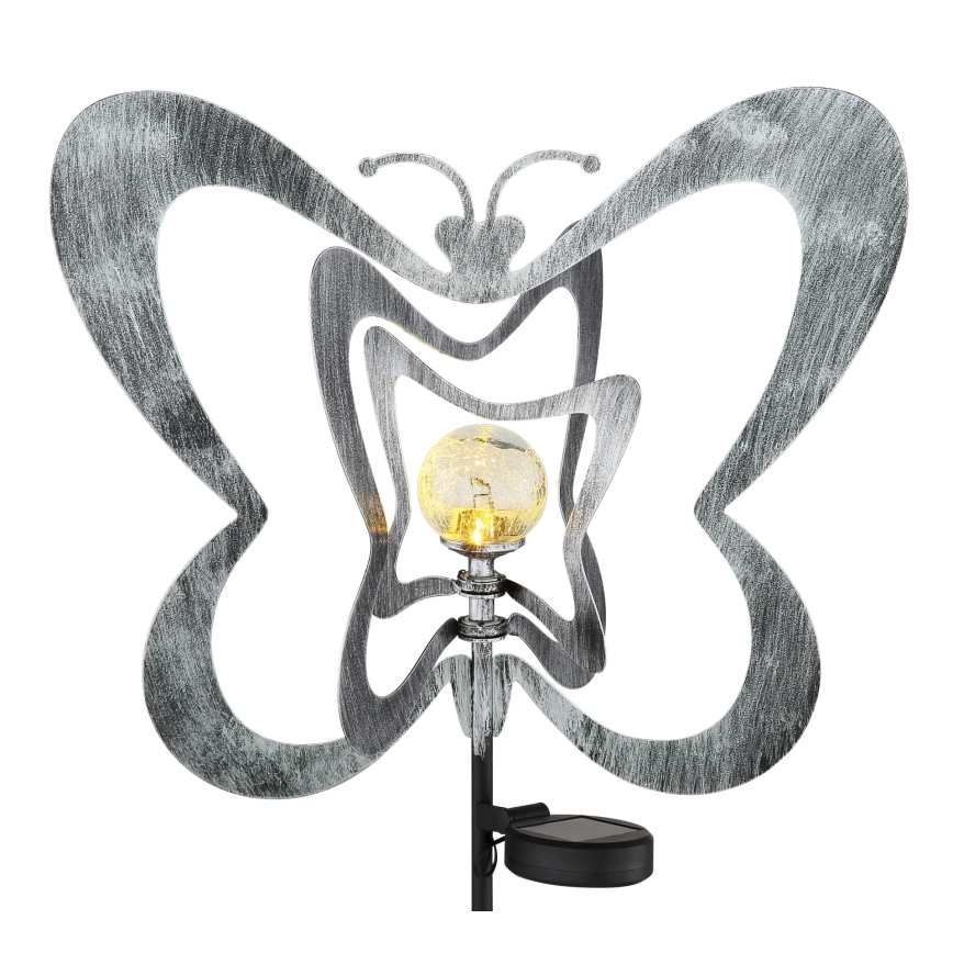 Globo - LED-aurinkovalaisin LED/3V IP44 300 mAh hopeanvärinen perhosenmuotoinen