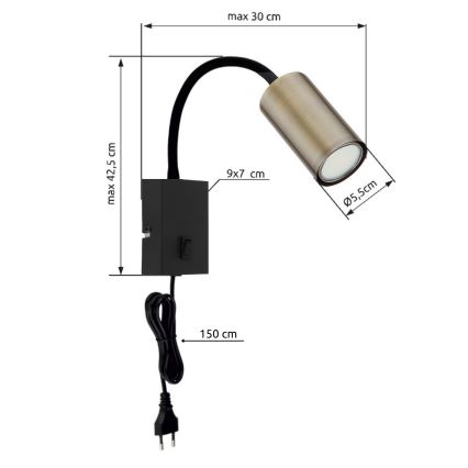 Globo - Joustava seinävalaisin 1xGU10/25W/230V musta/messinki