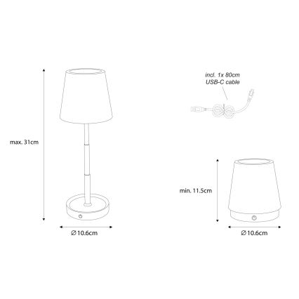 Globo - LED Kosketuksella himmennettävä ladattava pöytälamppu LED/1,2W/3V 1200 mAh