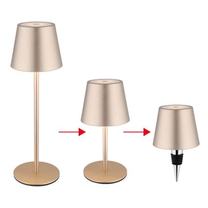 Globo - himmennettävä, kosketusohjattu, ladattava ulkokäyttöinen pöytävalaisin 3-in-1 LED/3W/5V 3000/4000/5000K IP54 1800 mAh messinki