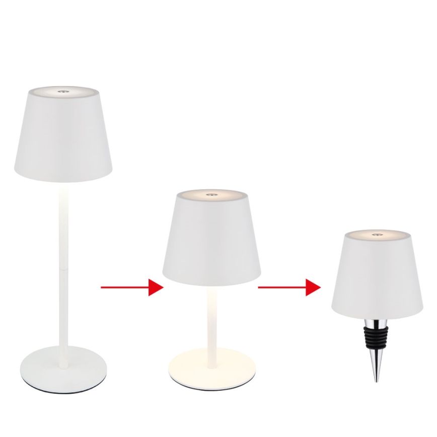 Globo - Himennettävä LED-kosketusohjattu ladattava ulkokäyttöön tarkoitettu pöytälamppu, 3-toiminen, LED/3W/5V, 3000/4000/5000K, IP54, 1800 mAh, valkoinen