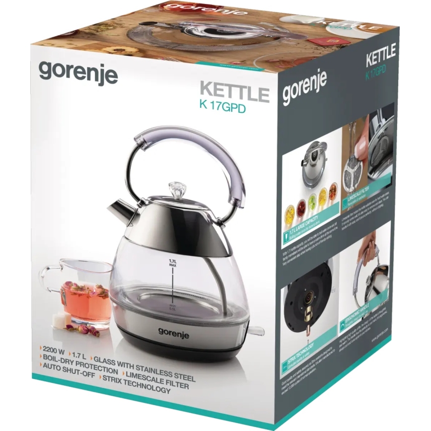 GORENJE K17GPD - Vedenkeitin 1,7 l 2200 W/230 V läpinäkyvä/ruostumaton teräs