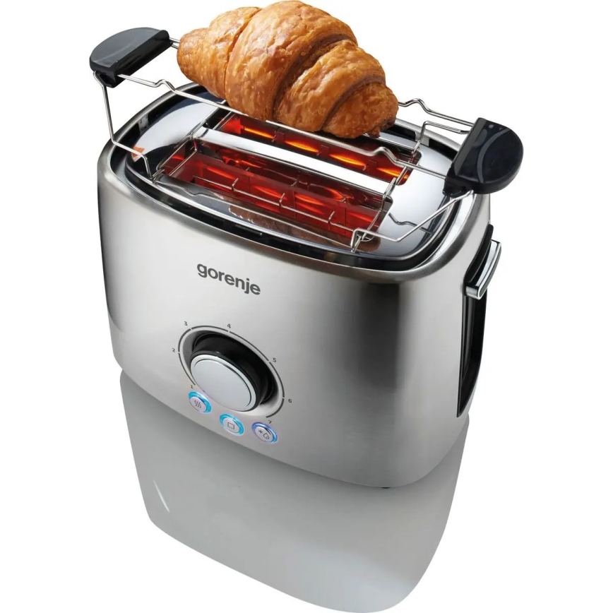 GORENJE T1000E - Kahden viipaleen leivänpaahdin sämpylätelineellä, 1000W/230V, ruostumaton teräs