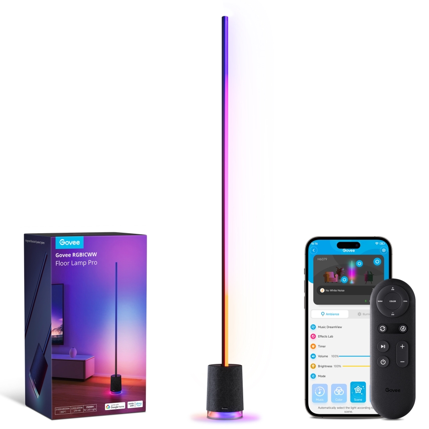 Govee - Himmennettävä LED-lattiavalaisin kaiuttimella Pro RGBICWW 2200-6500K Wi-Fi + kauko-ohjaus