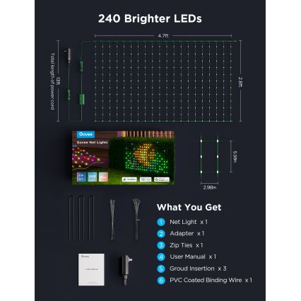 Govee - LED RGBIC ulkovaloverkko 143x85cm Wi-Fi Matter IP65