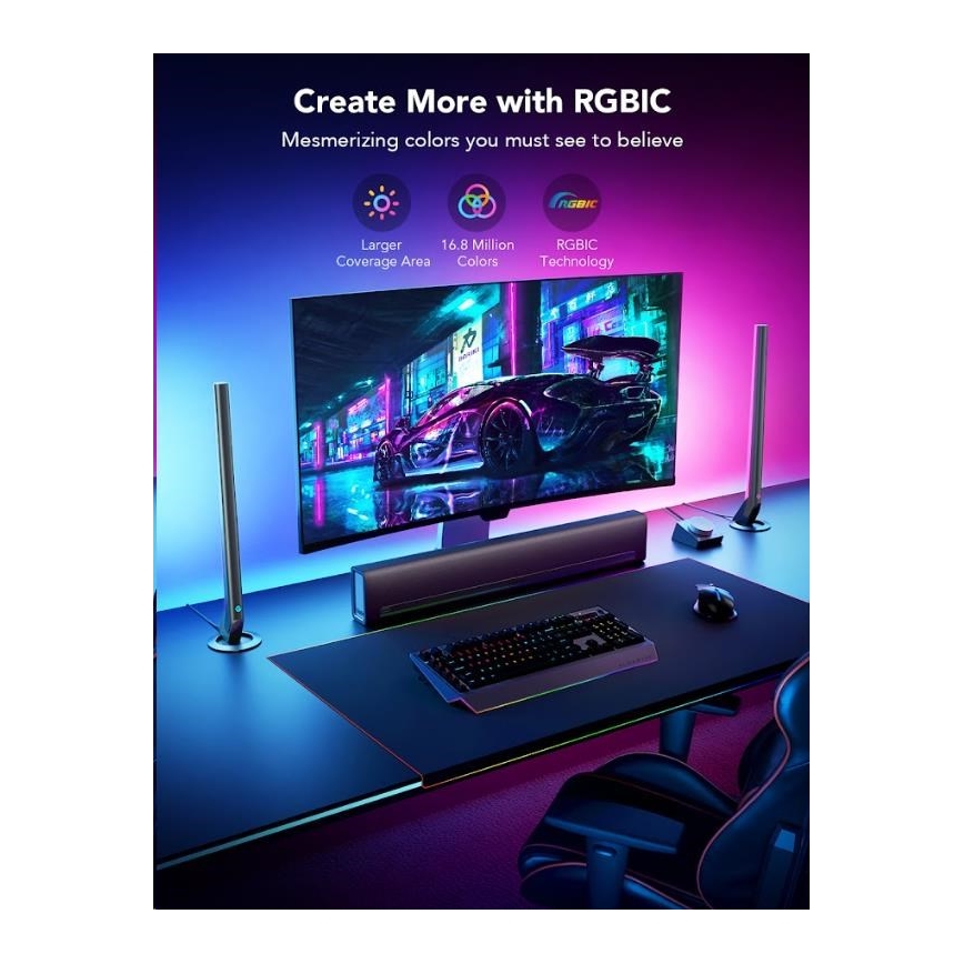 Govee - SETTI 2x Smart Gaming Wi-Fi LED RGBIC Panels + Smart Dual + kauko-ohjaus