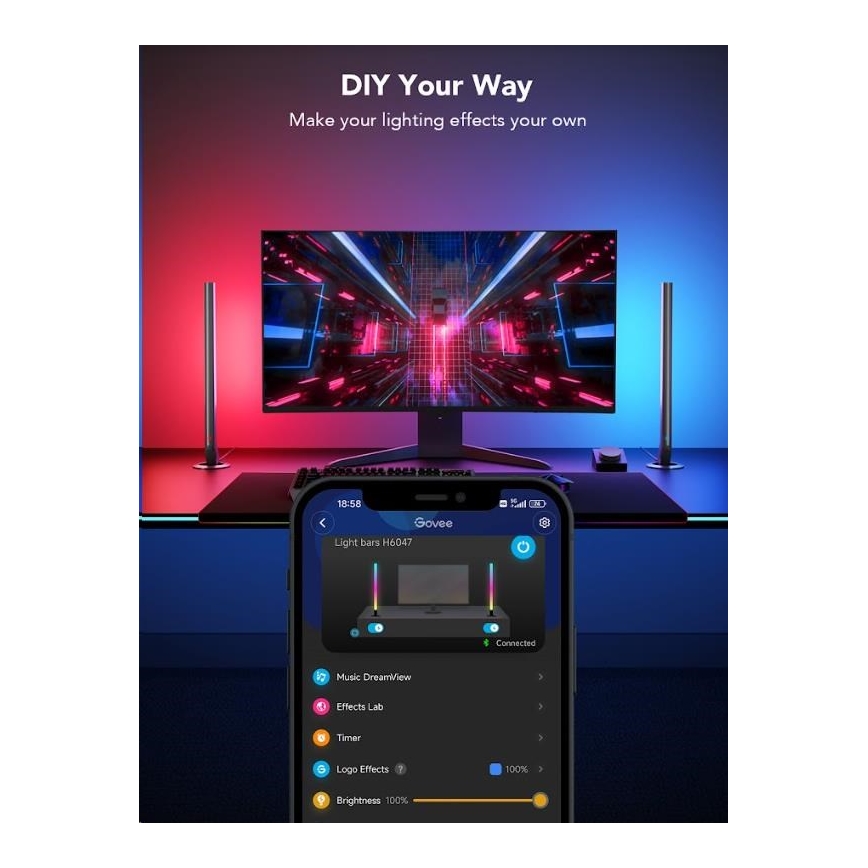 Govee - SETTI 2x Smart Gaming Wi-Fi LED RGBIC Panels + Smart Dual + kauko-ohjaus