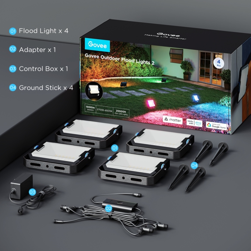 Govee - 4 kpl LED RGBICWW himmennettävä valonheitinsarja LED/24W/230V IP66 Matter Wi-Fi