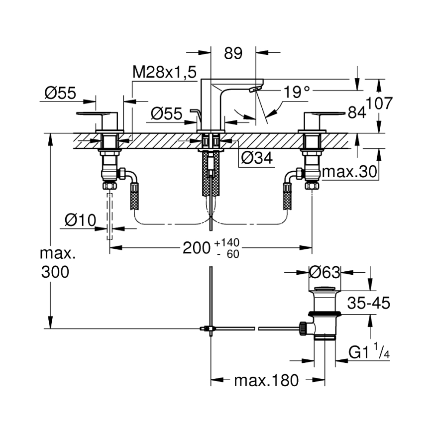 GROHE 20187000 - Kolmireikäinen pesuallashana EUROSMART COSMOPOLITAN DN 15, kromi