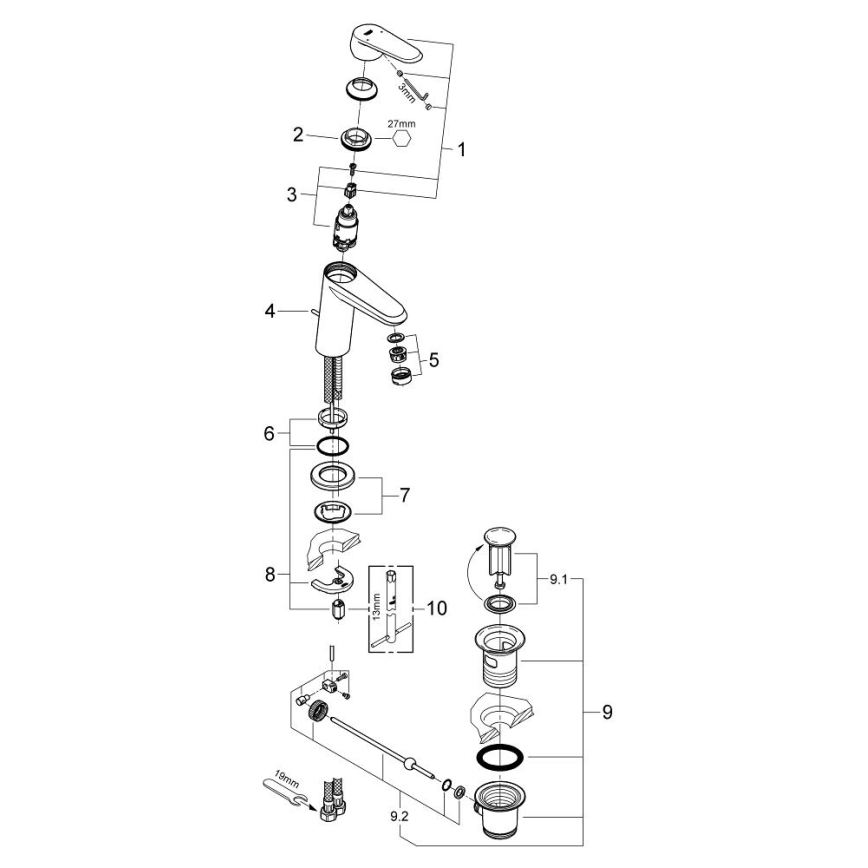 GROHE 23049002 - EURODISC COSMOPOLITAN lavuaarin hana, koko S, kromi