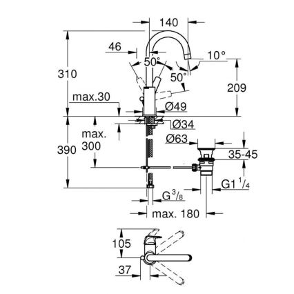 GROHE 23811000 - Pesuallosekoitin START FLOW 310 mm kiiltävä kromi