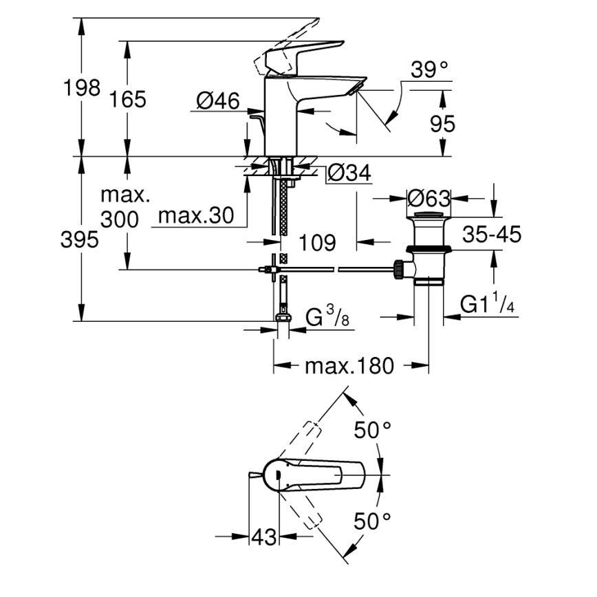 GROHE 242092432 - Pesuallashana QUICKFIX START 165 mm musta