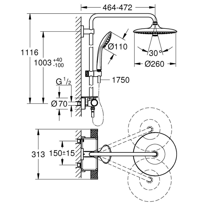 GROHE 26403002 - VITALIO JOY 260 suihkujärjestelmä 450 mm, kiiltävä kromi