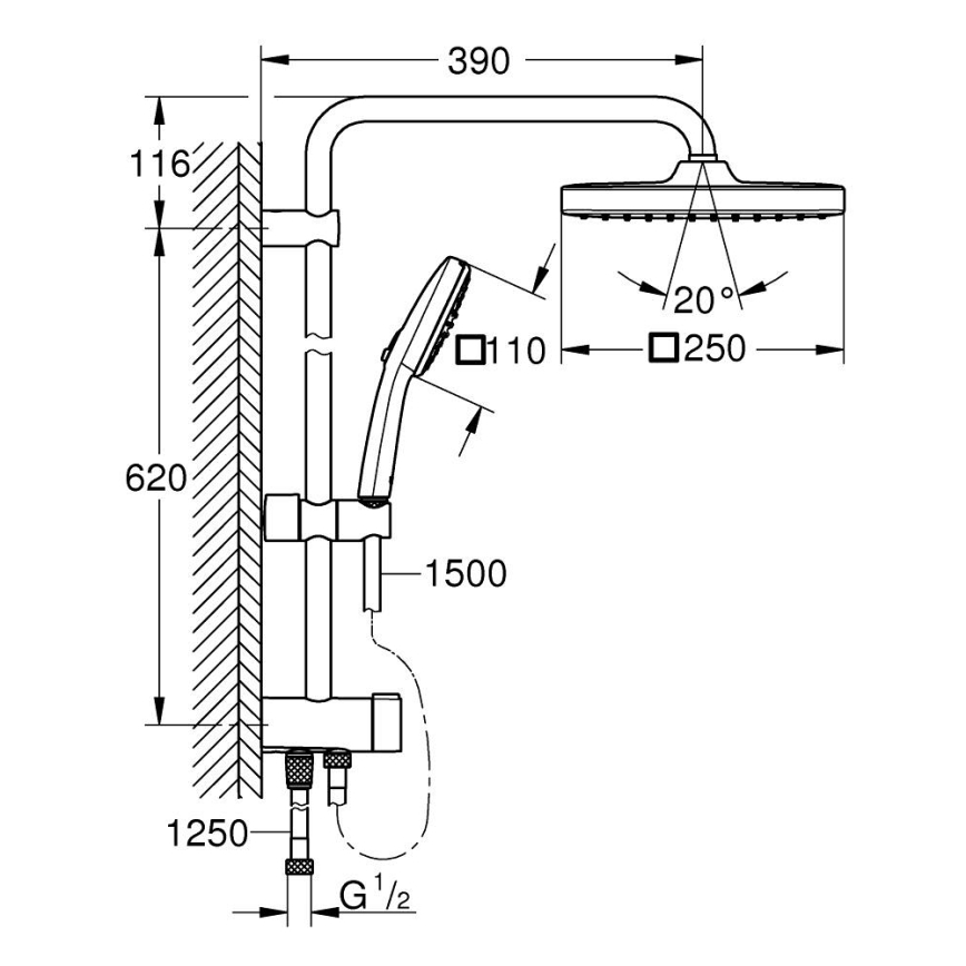 GROHE 266982431 - VITALIO COMFORT 250 390 mm musta suihkujärjestelmä