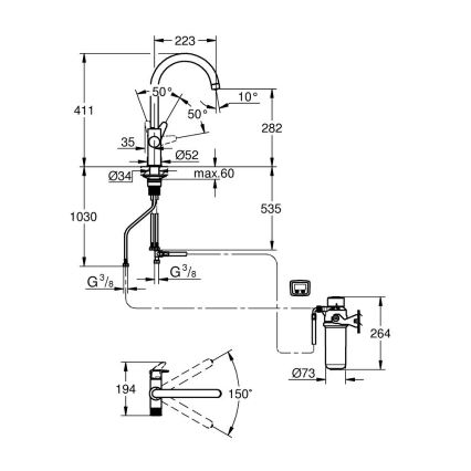 GROHE 30593000 - Keittiöhana BLUE PURE C, C-muotoinen juoksutin, kiiltävä kromi