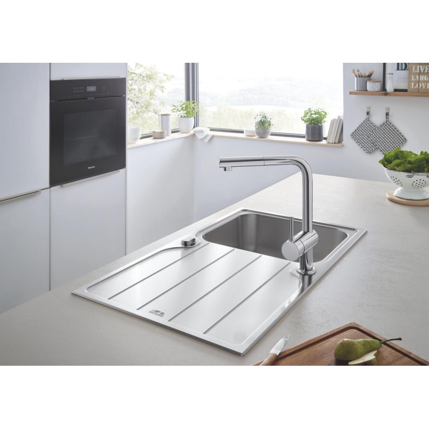 GROHE 31573SD1 - K500-keittiöallassetti kuivaustasolla ja A-hanalla, 86×50 cm, ruostumaton teräs