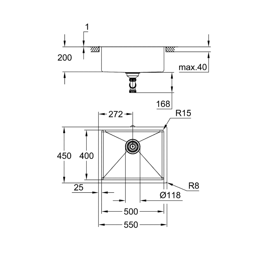 GROHE 31574SD1 - Keittiöallas K700U 550 x 450 mm ruostumaton teräs