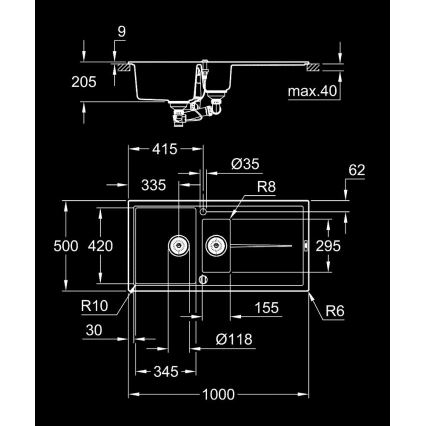 GROHE 31642AP0 - Komposiittiallas K400 1000 × 500 mm musta