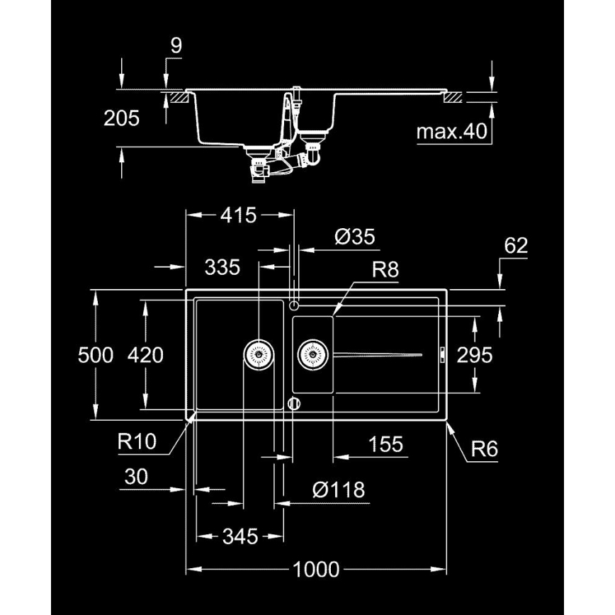 GROHE 31642AP0 - Komposiittiallas K400 1000 × 500 mm musta