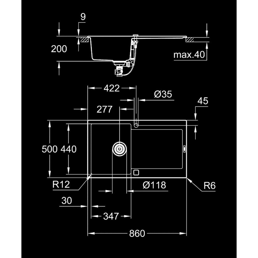 GROHE 31644AP0 - Komposiittiallas K500 860 × 500 mm musta