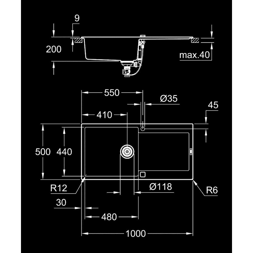GROHE 31645AP0 - Komposiittiallas K500 1000 × 500 mm musta