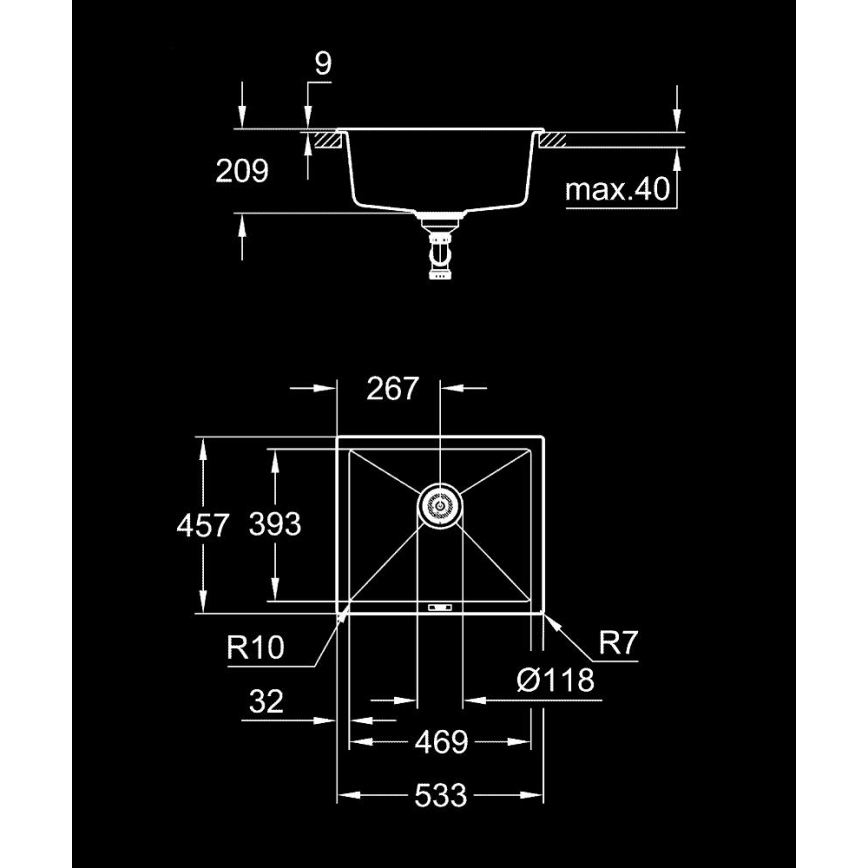 GROHE 31654AP0 - Keittiöallas K700U 533 × 457 mm musta graniitti/musta