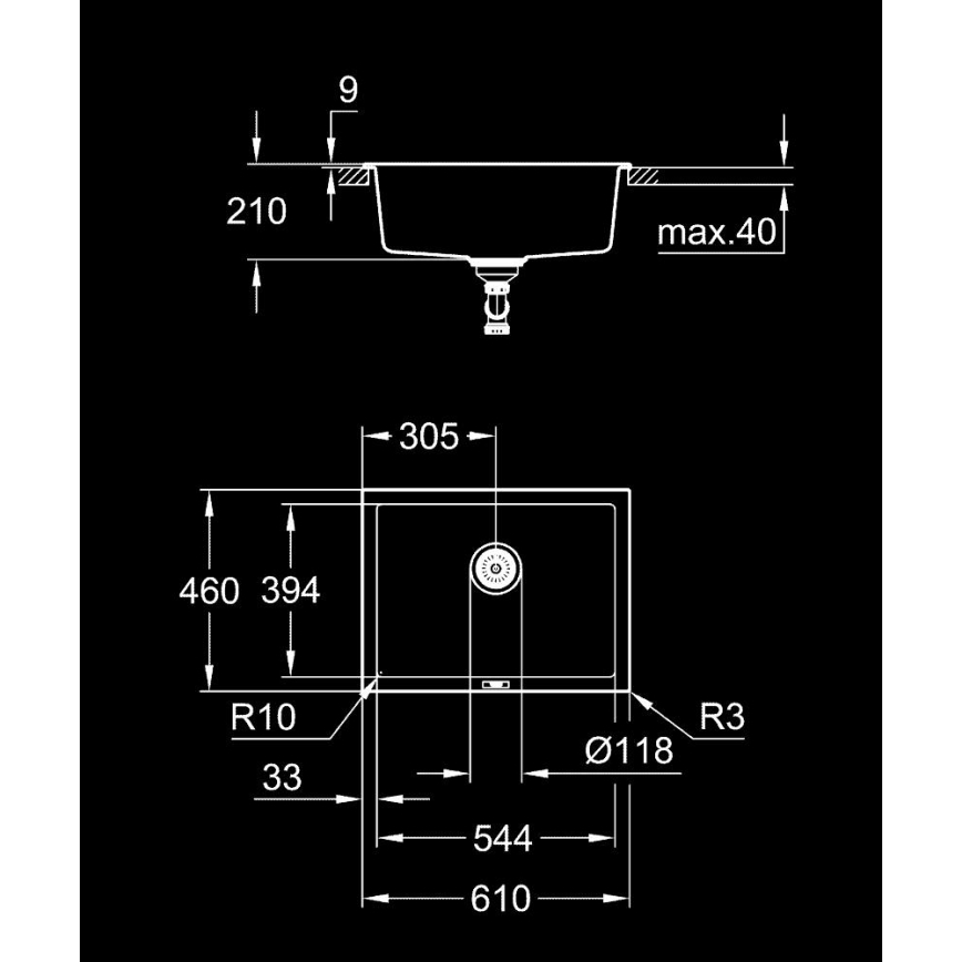 GROHE 31655AP0 - Komposiittiallas K700U 610 × 460 mm musta