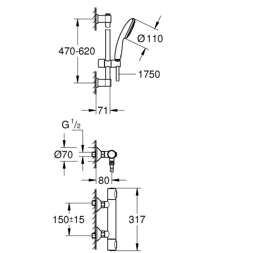GROHE 34800001 - PRECISION FLOW 600 mm termostaattinen suihkusarja, kiiltävä kromi
