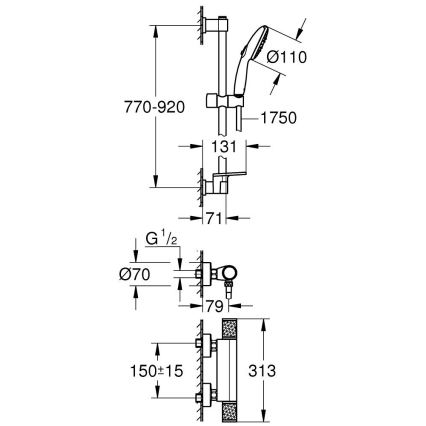 GROHE 34853001-Termostaattinen suihkusekoitin PRECISION FEEL + 90 cm suihkusetti kromi