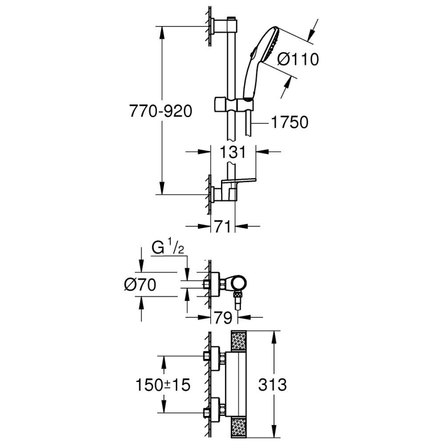 GROHE 34853001-Termostaattinen suihkusekoitin PRECISION FEEL + 90 cm suihkusetti kromi