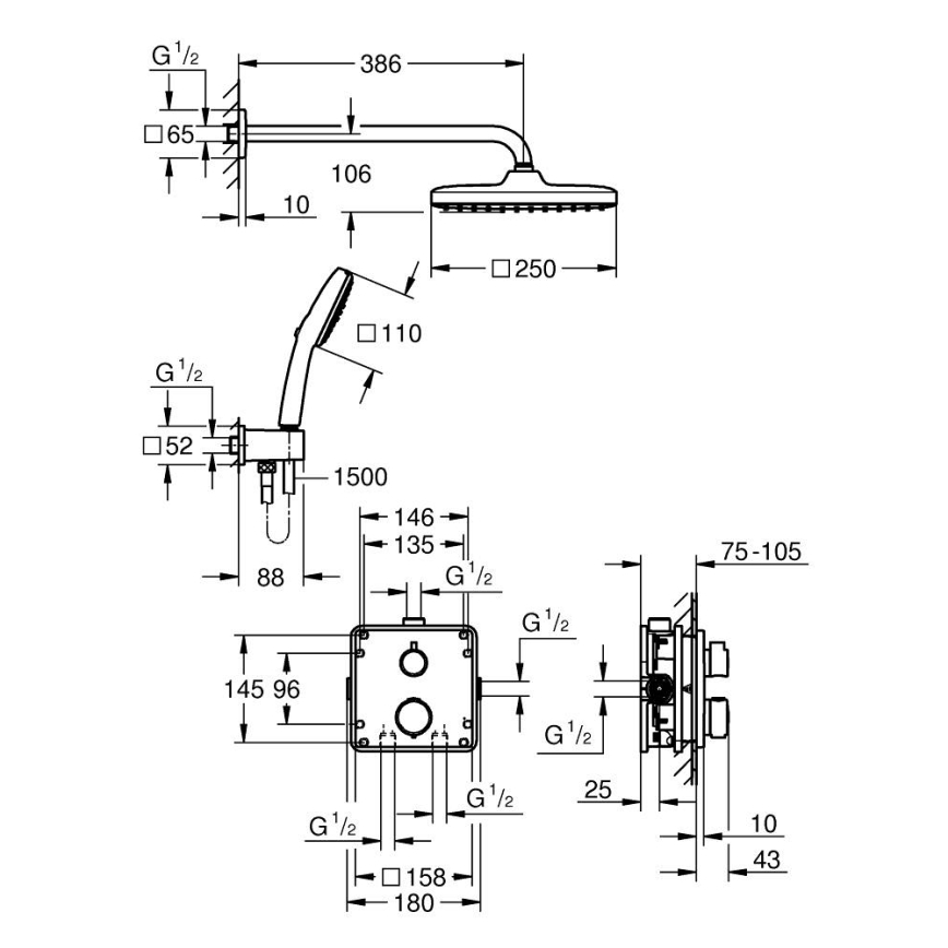 GROHE 348822430 - PRECISION suihkusarja 250 × 250 mm musta