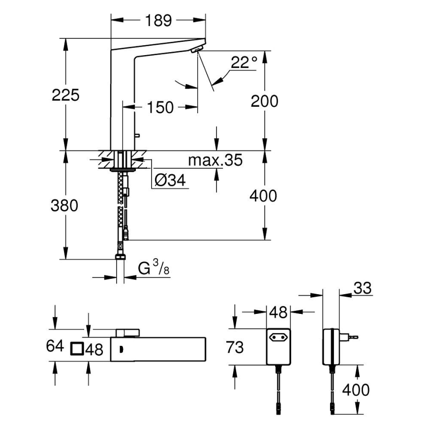 GROHE 36440000 - Infrapunaohjattu elektroninen pesuallashana EUROCUBE E DN 15 kromi