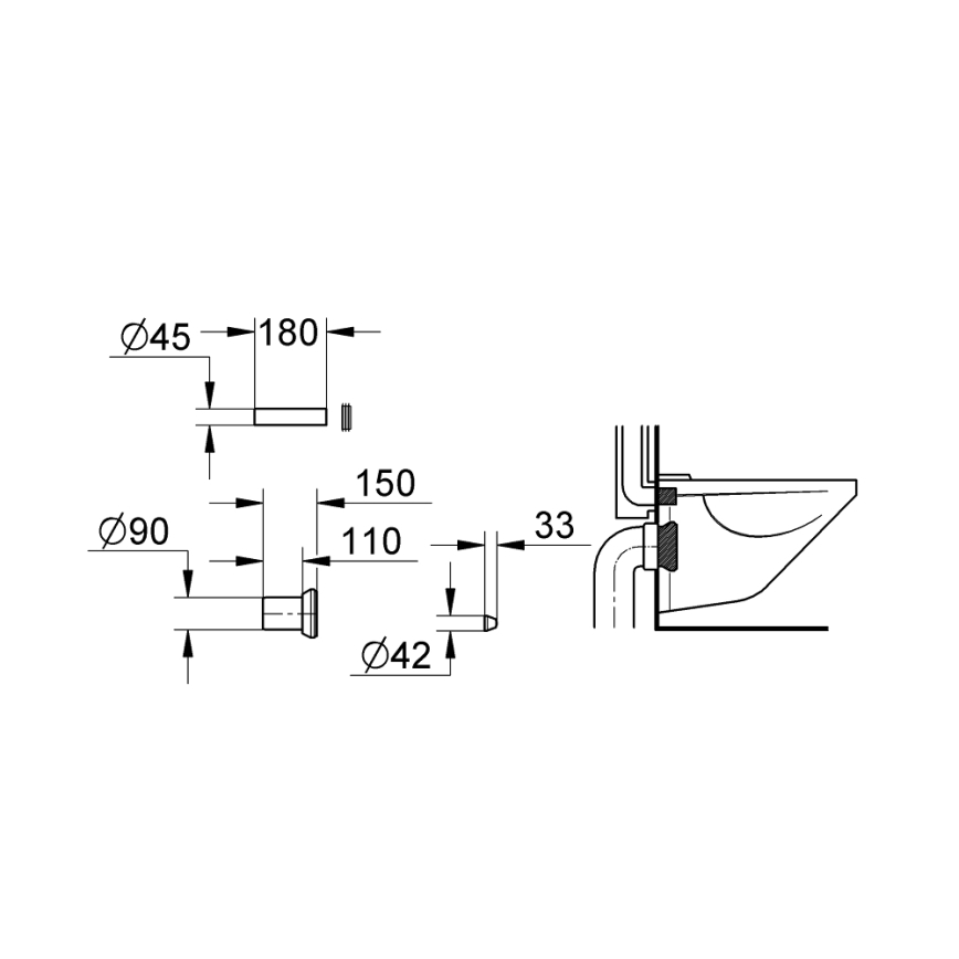 GROHE 37311K00 - WC:n tulo- ja poistosarja 150 mm, musta