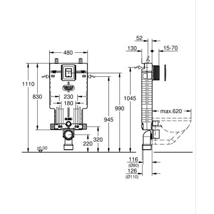 GROHE 38825000 - Etuseinään asennettava asennusyksikkö UNISET 830 × 480 × 130 mm EPS valkoinen
