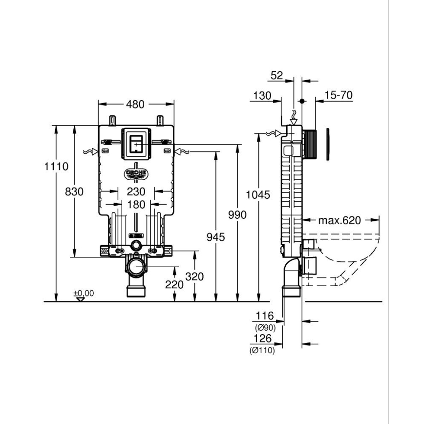 GROHE 38825000 - Etuseinään asennettava asennusyksikkö UNISET 830 × 480 × 130 mm EPS valkoinen