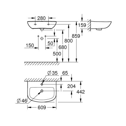GROHE 39421000 - BAU CERAMIC seinään asennettava pesuallas 609 × 442 mm keramiikka/valkoinen