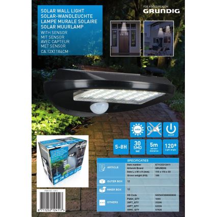 Grundig - SARJA 2x LED aurinkokennoseinävalaisin liiketunnistimella ja hämäräkytkimellä LED/3,2V 600 mAh