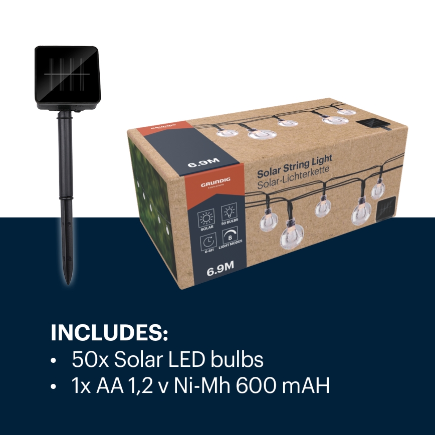 Grundig - LED aurinkoketju 50xLED/8 toimintoa 6,9 m lämmin valkoinen 600 mAh