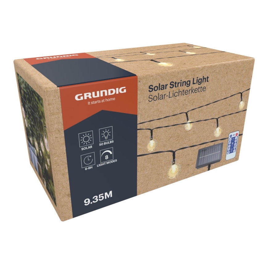 Grundig - LED himmennettävä aurinkoketju 50xLED/8 toimintoa 9,35m IP44 lämmin valkoinen 600 mAh + kaukosäädin