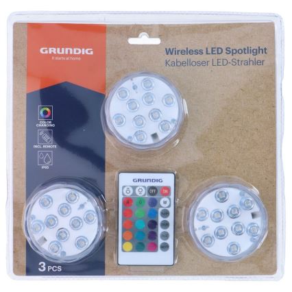 Grundig - 3 kpl himennettäviä RGBW-LED-valaisimia, LED/3W/3xAAA, IP65 + kaukosäädin