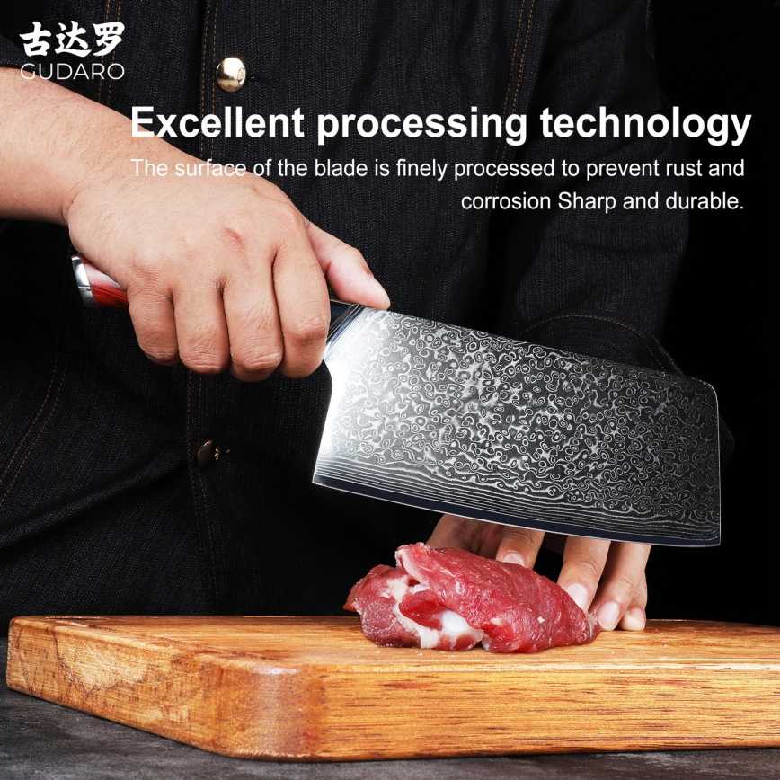 Gudaro - Damaskinen keittiökirves KENSHO 6,5, 67 kerrosta terästä, pituus 16,2 cm