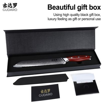 Gudaro - Damaskusteräsinen leipäveitsi KENSHO 8, 67 kerrosta terästä, pituus 20 cm