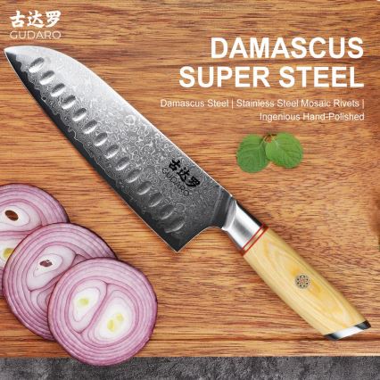 Gudaro - Damaskiteräinen Santoku-keittiöveitsi HIKARI 7, 67 kerrosta terästä, pituus 17,5 cm