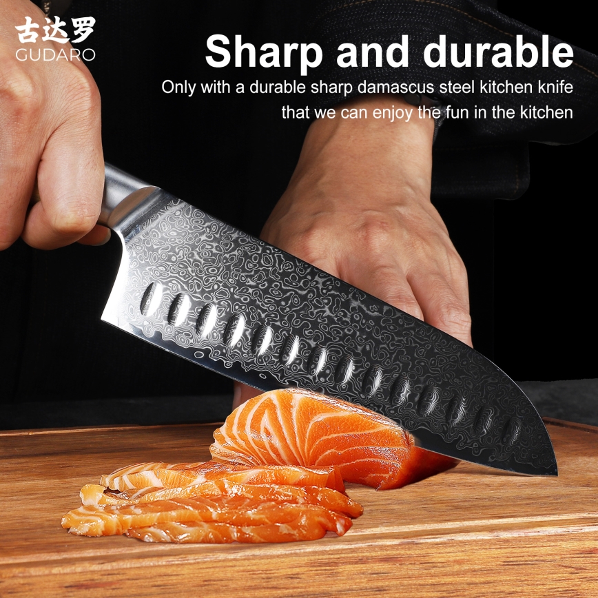 Gudaro - Damaskiteräinen Santoku-keittiöveitsi HIKARI 7, 67 kerrosta terästä, pituus 17,5 cm
