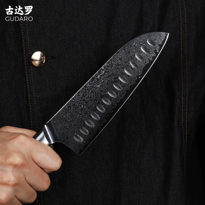 Gudaro - Damaskiteräinen Santoku-keittiöveitsi HIKARI 7, 67 kerrosta terästä, pituus 17,5 cm