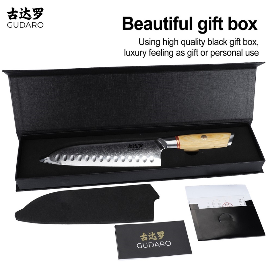 Gudaro - Damaskiteräinen Santoku-keittiöveitsi HIKARI 7, 67 kerrosta terästä, pituus 17,5 cm