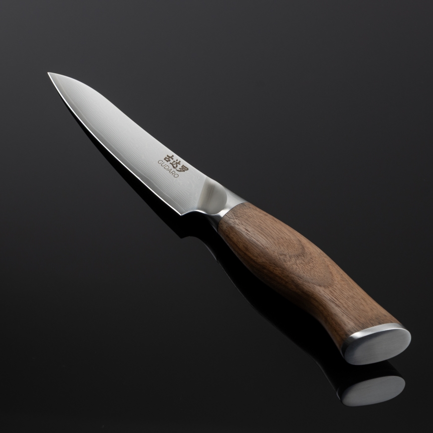 Gudaro - Damaskiteräksinen yleiskeittiöveitsi TAKUMI 5, 67 kerrosta terästä, pituus 12,5 cm, pähkinäpuu