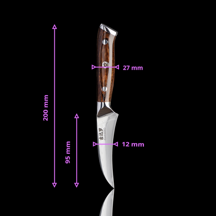 Gudaro - Damaskiteräinen keittiöhedelmäveitsi FENG 3,5, 67 teräskerrosta, pituus 9,5cm
