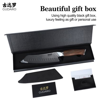 Gudaro - Damaskiteräsinen Santoku-keittiöveitsi TAKUMI 7, 67 kerrosta terästä, pituus 17,5 cm, saksanpähkinä